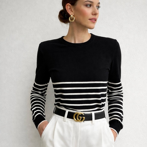 Black & White Striped Crewneck Sweater By Gucci Belt Styled